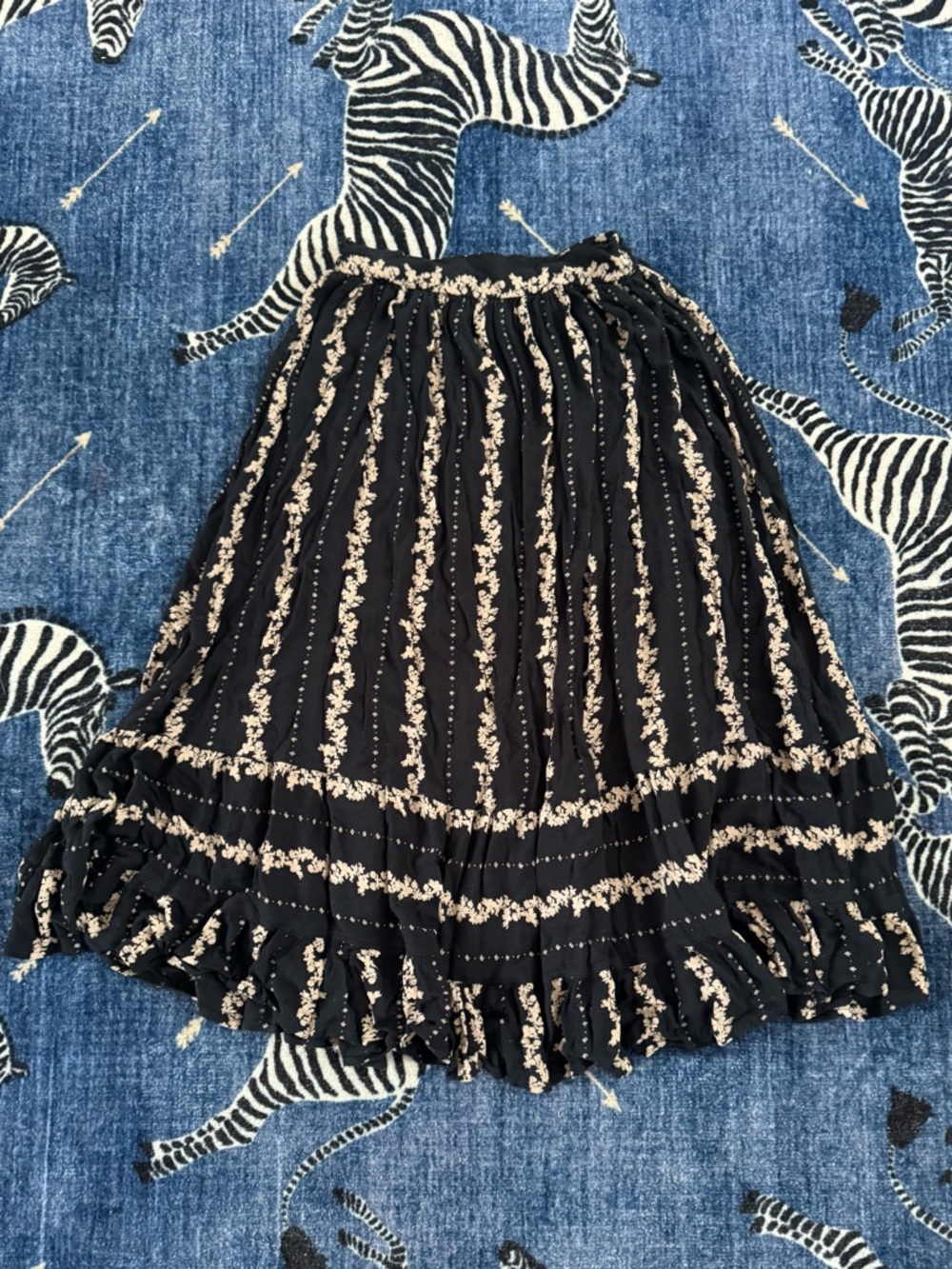 Size S Free People Black/Navy Midi Skirt with Cream Floral Stripes